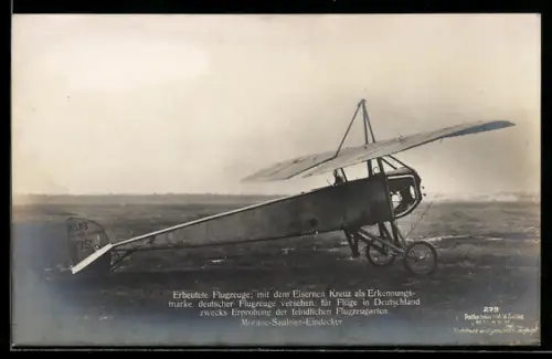 Foto-AK Sanke Nr. 279: Flugzeug, Morane-Saulnier-Eindecker mit dem Eisernen Kreuz