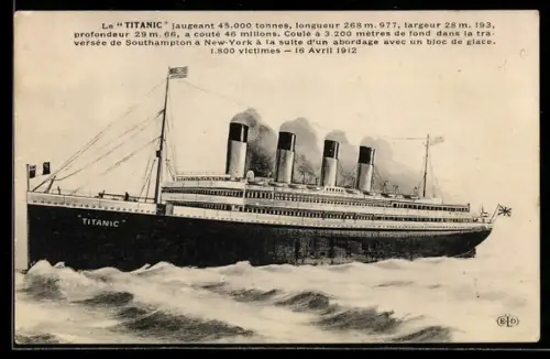 AK Passagierschiff Titanic auf hoher See