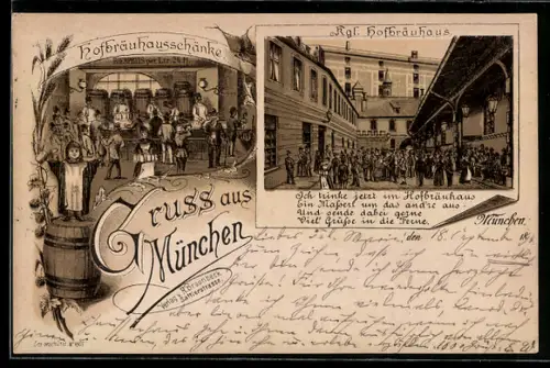 Vorläufer-Lithographie München, 1894, Münchner Hofbräuhaus, Hofbräuhausschenke