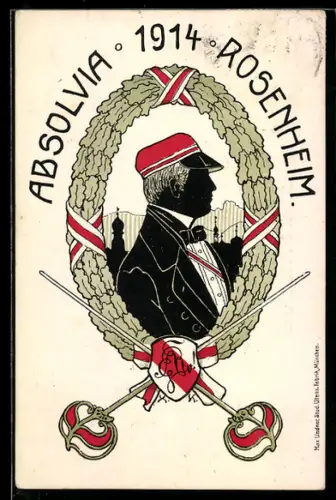 AK Rosenheim, Absolvia 1914, Student im Eichenkranz, Wappen und Degen