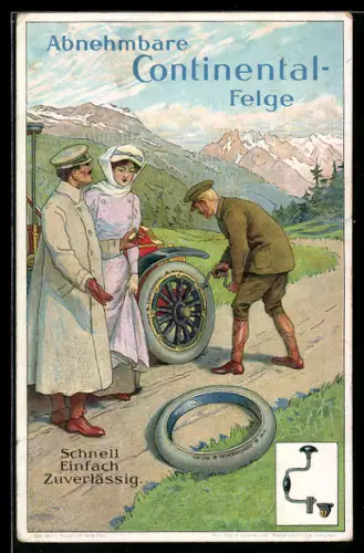 AK Reklame für abnehmbare Continental-Felgen, Reifenwechsel am Auto