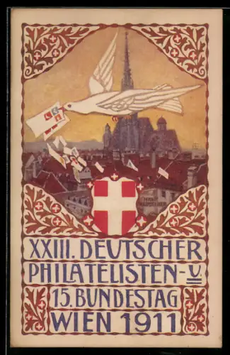 Künstler-AK H. Kalmsteiner: Wien, XXIII. Deutscher Philatelisten- u. 15. Bundestag 1911, Taube über dem Ort