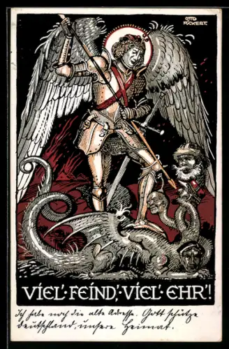 Künstler-AK sign. Otto Rückert: Ritter mit Engelsflügeln kämpft gegen den Drachen