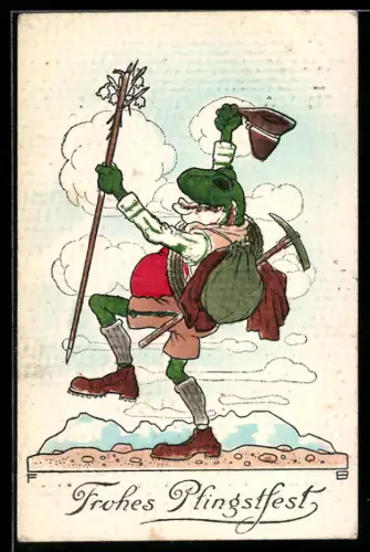 AK Frosch-Wanderer läuft jubelnd auf einem Steinweg