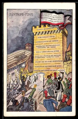 AK Zeppelin Hansa-Bund am Zentrums-Turm mit preussischer Fahne