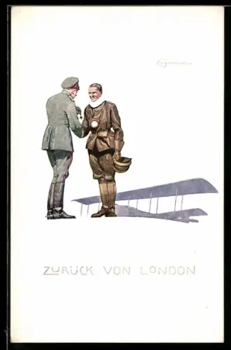 Künstler-AK sign. K. W. Boehmer: Pilot kommt von London zurück