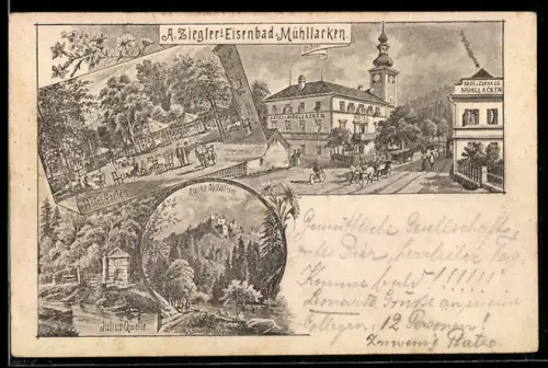 Lithographie Mühllacken, Bade- und Curhaus Mühllacken A. Ziegler, Ruine Ob. Wallsee, Julius Quelle