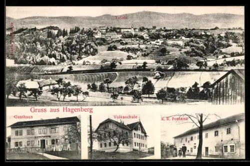 AK Hagenberg /Mühlkreis, Volksschule, Gasthaus, K. K. Postamt