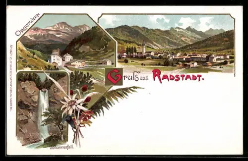 Lithographie Radstadt, Gesamtansicht & Johannesfall