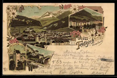 Lithographie Feldkirch /Vorarlberg, Churer Turm, Schloss Schattenburg