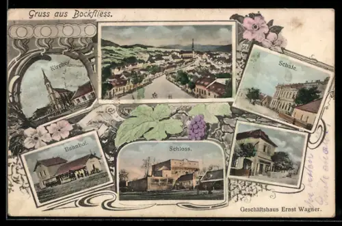 AK Bockfliess, Kirche, Schule, Bahnhof, Schloss
