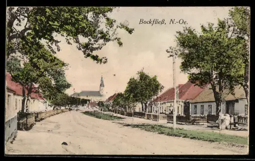AK Bockfliess /N.-Oe., Strassenpartie mit Blick zur Kirche