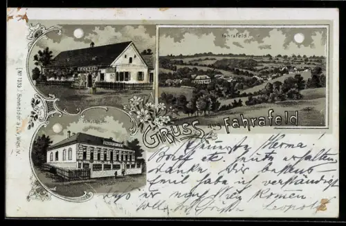 Lithographie Fahrafeld, Gasthaus S. Claser, Volksschule, Ortsansicht