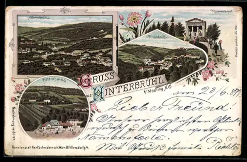 Lithographie Hinterbrühl, Blick auf den Ort, Husarentempel, Höldrichsmühle