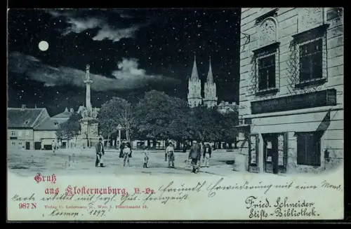 Mondschein-AK Klosterneuburg /N. Oe., Platzansicht im Vollmondlicht