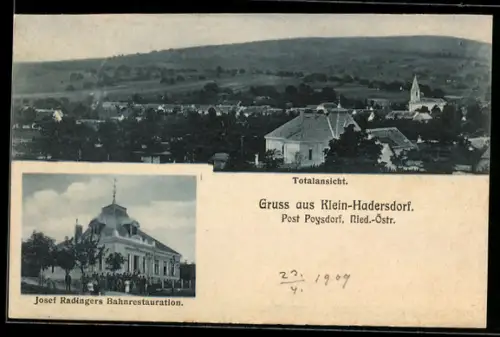 AK Klein-Hadersdorf bei Poysdorf, Josef Radingers Bahnrestaurant, Ortsansicht aus der Vogelschau