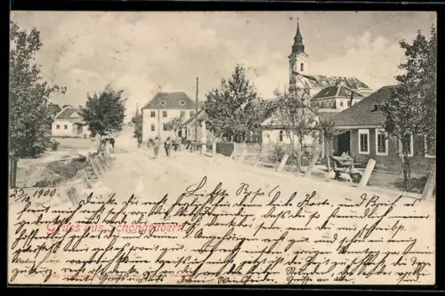 AK Grabern /N.-Oe., Schöngrabern, Strassenpartie mit Blick zur Kirche