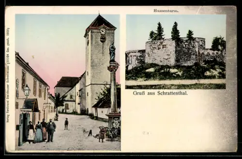 AK Schrattenthal, Hussenturm, Strassenpartie mit Geschäft und Kirche, Goldverzierungen