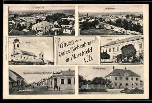 AK Unter Siebenbrunn im Marchfeld, Handlung u. Bäckerei J. Pichler, Kirche, Schule, Richardshof