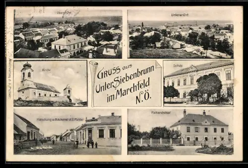 AK Unter Siebenbrunn im Marchfeld, Schule, Handlung u. Bäckerei J. Pichler, Richardshof, Kirche
