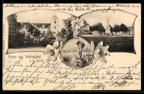 AK Weikendorf a. d. Nordb., Kirche, Wegekreuz