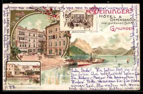 Lithographie Gmunden, A. Deiningers Hotel & Dependancen zum goldenen Schiff