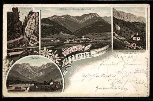 Lithographie Aflenz, Gasthof Schwabenwirtshaus in der Fölzklamm, Ortsansicht mit Bürgeralpe