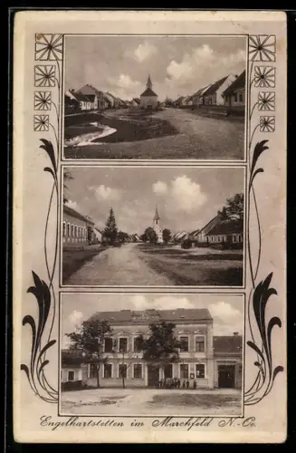 AK Engelhartstetten im Marchfeld, Ansicht der Volksschule, Marktplatz mit Kirche