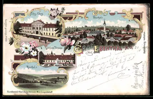 Lithographie Ebenthal /N.-Ö., Schlossterrasse, Schloss Coburg und Reinthal