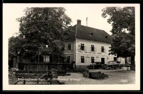 AK Isper /N.-Oe., Gasthof Wimmer zum goldenen Hirschen mit Autos