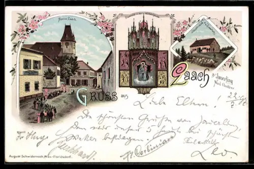 Lithographie Maria Laach am Jauerling, Gnadenbild in der Wallfahrtskirche und Stauferhütte