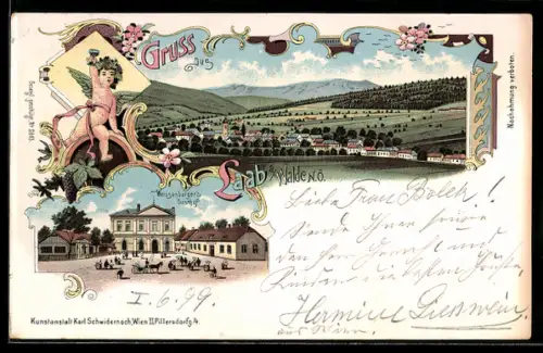 Lithographie Laab a. Walde, Weissenberger`s Gasthof und Totalansicht