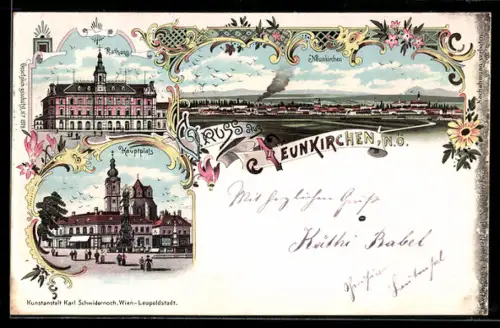 Lithographie Neunkirchen /N. Ö., Rathaus, Hauptplatz und Totalansicht