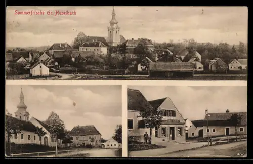 AK Gr. Haselbach, Geschäft von Jofes Elsigan, Kirche und Panorama