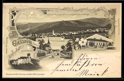 Lithographie Giesshübl b. Mödling, Handlung von Jakob Gleich, Hauptstrasse mit Kirche, Burg Liechtenstein