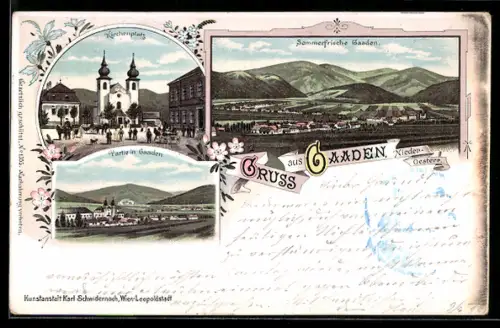 Lithographie Gaaden /N.-Ö., Kirchenplatz mit Totalansichten