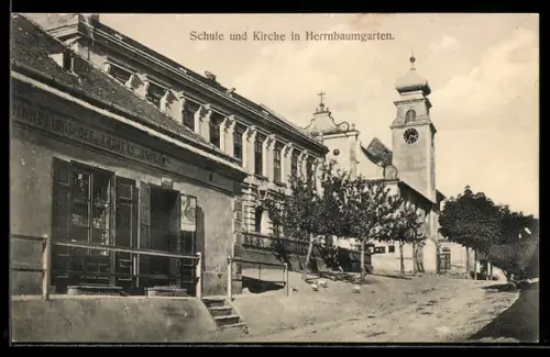 AK Herrnbaumgarten, Schule und Kirche mit Handlung des Andreas Brüger