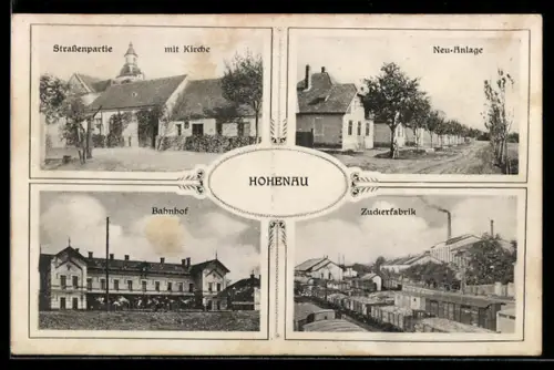 AK Hohenau an der March, Bahnhof, Zuckerfabrik, Neu-Anlage und Strassenpartie mit Kirche