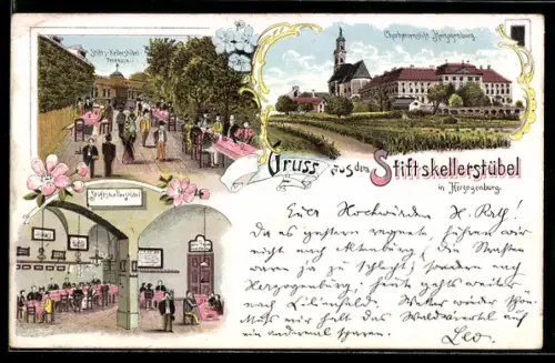 Lithographie Herzogenburg, Gasthaus Stiftskellerstübel, Innen- und Aussenansicht, Chorherrenstift