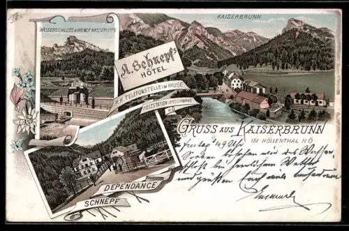 Lithographie Kaiserbrunn i. Höllenthal, A. Schnepfs Hotel, Wasserschloss d. Wiener Wasserleitg.