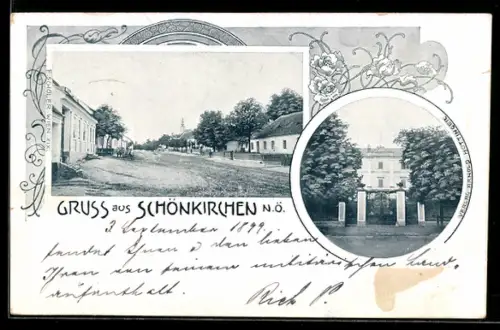 AK Schönkirchen /N.-Ö., Abwesen und Strassenpartie