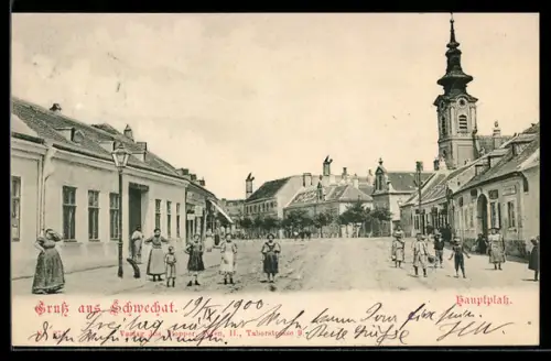 AK Schwechat, Hauptplatz mit Kirche