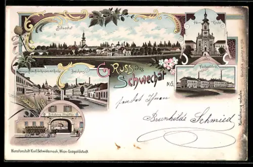 Lithographie Schwechat, Bräuhaus mit Kirche, Pfarrkirche, Farbenfabrik