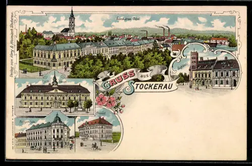 Lithographie Stockerau, Post, Convict, Rathaus & Totalansicht