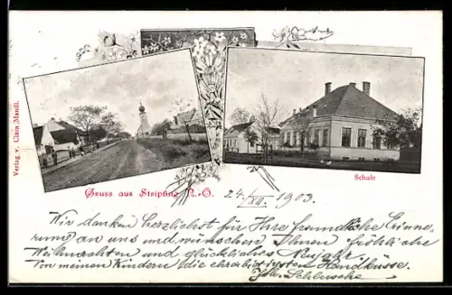 AK Weikendorf /N.-Ö., Stripfing, Schule und Strassenpartie mit Kirche