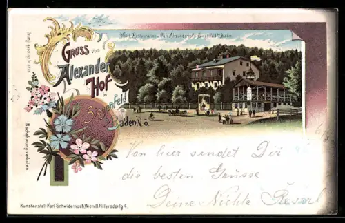 Lithographie Heiligenkreuz /N.-Oe., Gruss aus Siegenfeld b. Baden, Hotel-Restaurant Alexanderhof