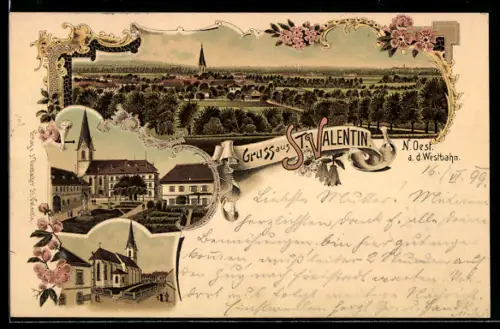 Lithographie St. Valentin, Strassenpartie, Kirche, Gesamtansicht