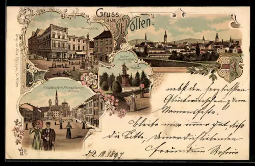 Lithographie St. Pölten, Herrenplatz, Kaiser Joseph Statue im Stadtpark, Hauptplatz mit Franziskaner Kirche