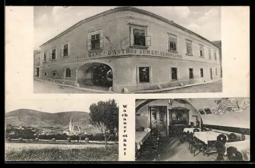 AK Weissenkirchen in der Wachau, Gasthof zum goldenen Löwen, Wachauerstübel, Teilansicht mit Kirche