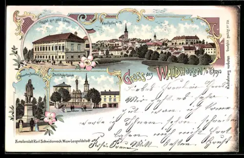 Lithographie Waidhofen a/d Thaya, Hotel zum gold. Löwen, Hamerling Denkmal